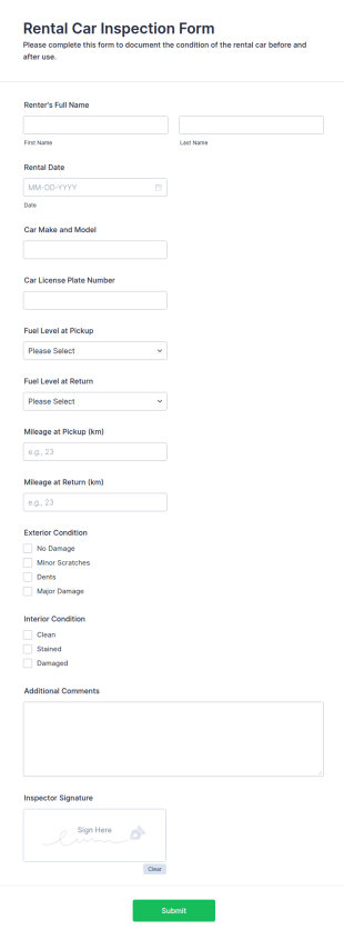 Rental Car Inspection Form Template