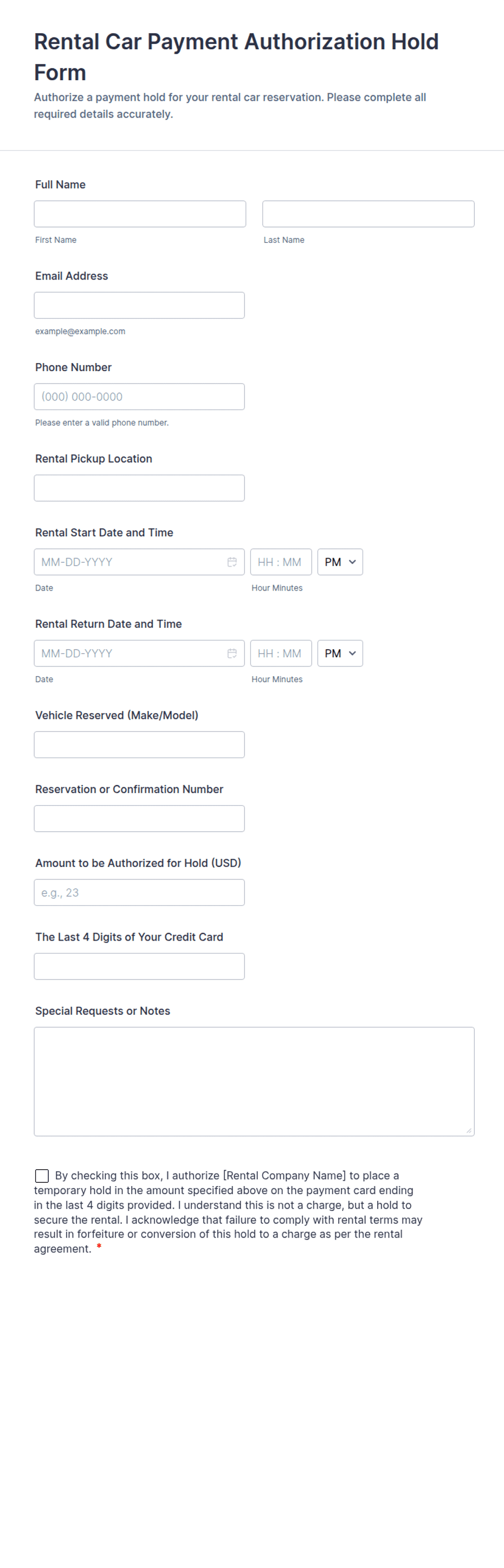 Rental Car Payment Authorization Hold Form Template | Jotform