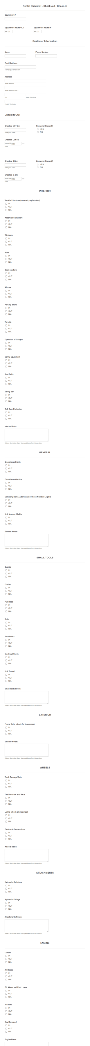 Rental Checklist Check Out Check In Form Template