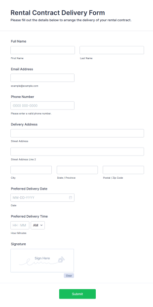 Rental Contract Delivery Form Form Template