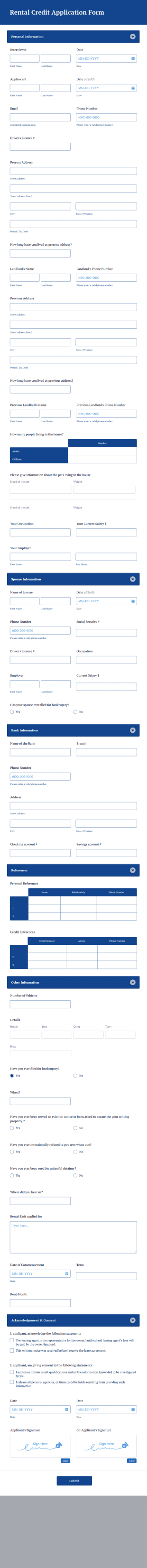 Rental Credit Application Form Template