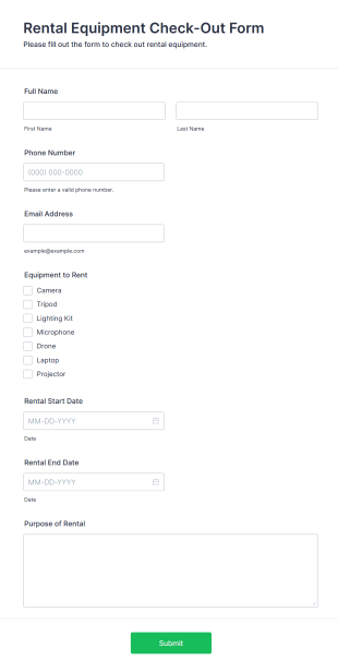 Rental Equipment Check Out Form Template