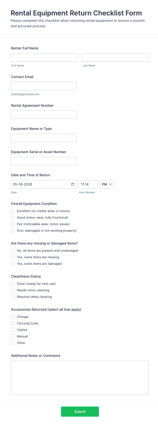 Rental Equipment Return Checklist Form Template