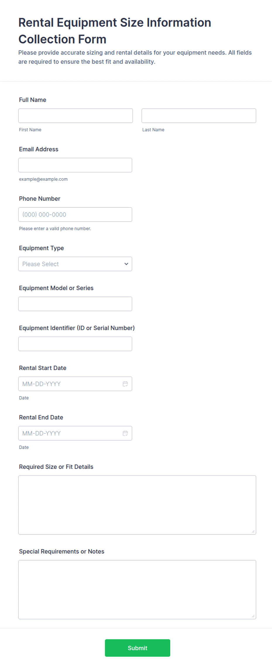 Rental Equipment Size Information Collection Form Template | Jotform