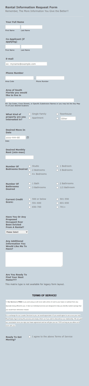 Rental General Inquiry Form Template