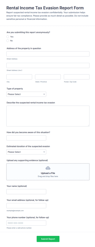 Rental Income Tax Evasion Report Form Template