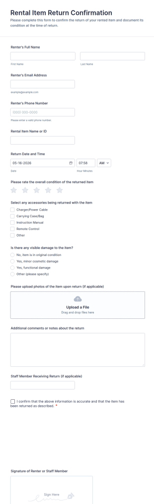 Rental Item Return Confirmation Form Template