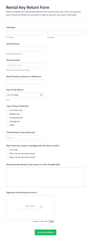 Rental Key Return Form Template