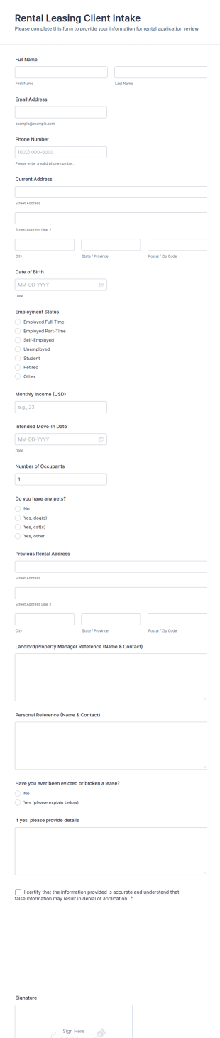 Rental Leasing Client Intake Form Template