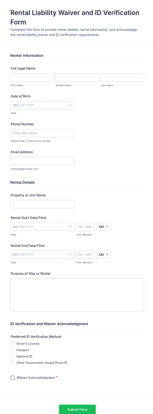 Rental Liability Waiver And ID Verification Form Template