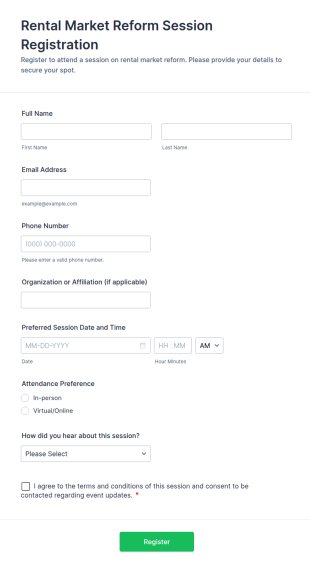 Rental Market Reform Session Registration Form Template