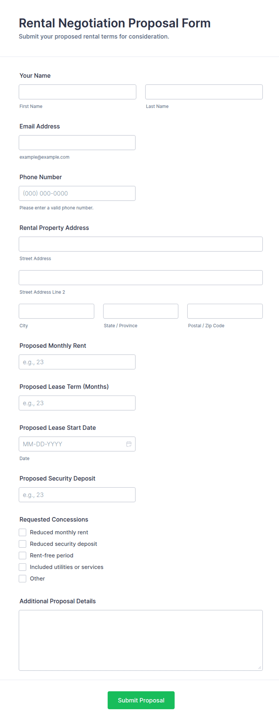 Rental Negotiation Proposal Form Template | Jotform