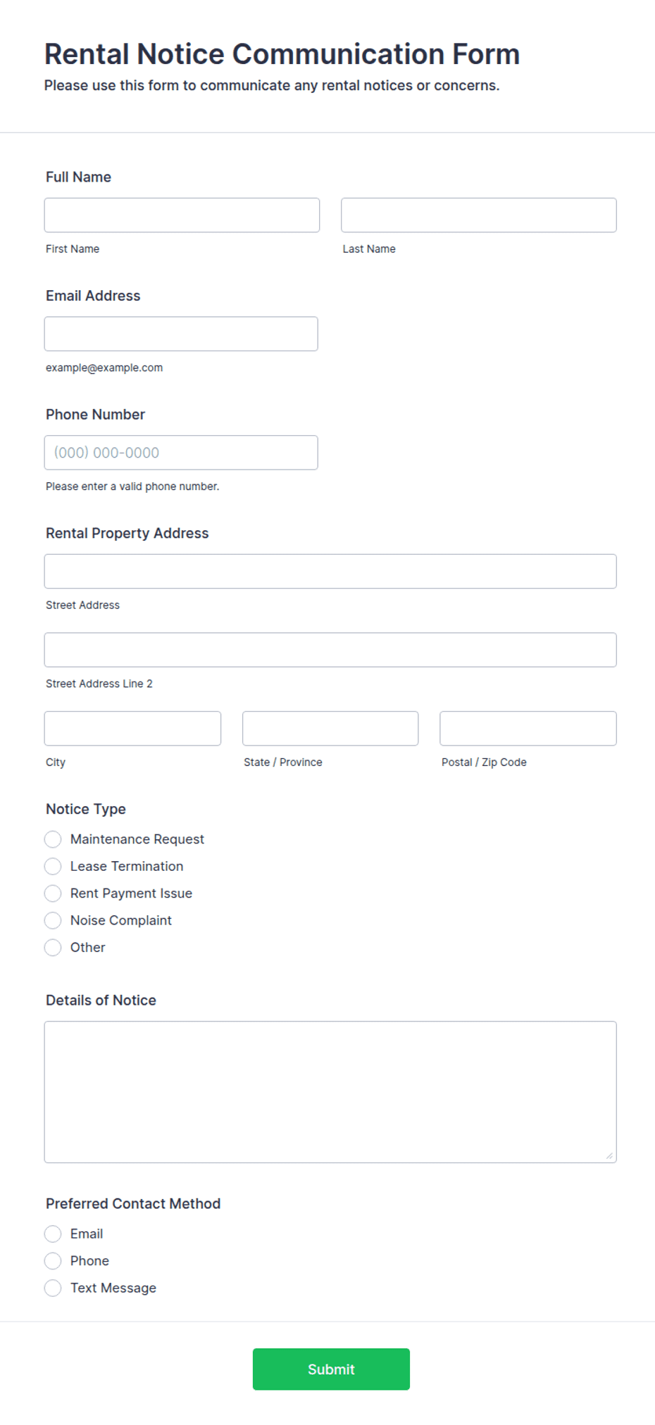 Rental Notice Communication Form Template | Jotform