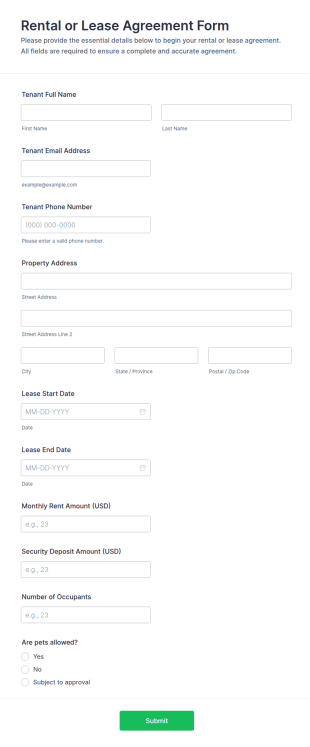 Rental Or Lease Agreement Form Template