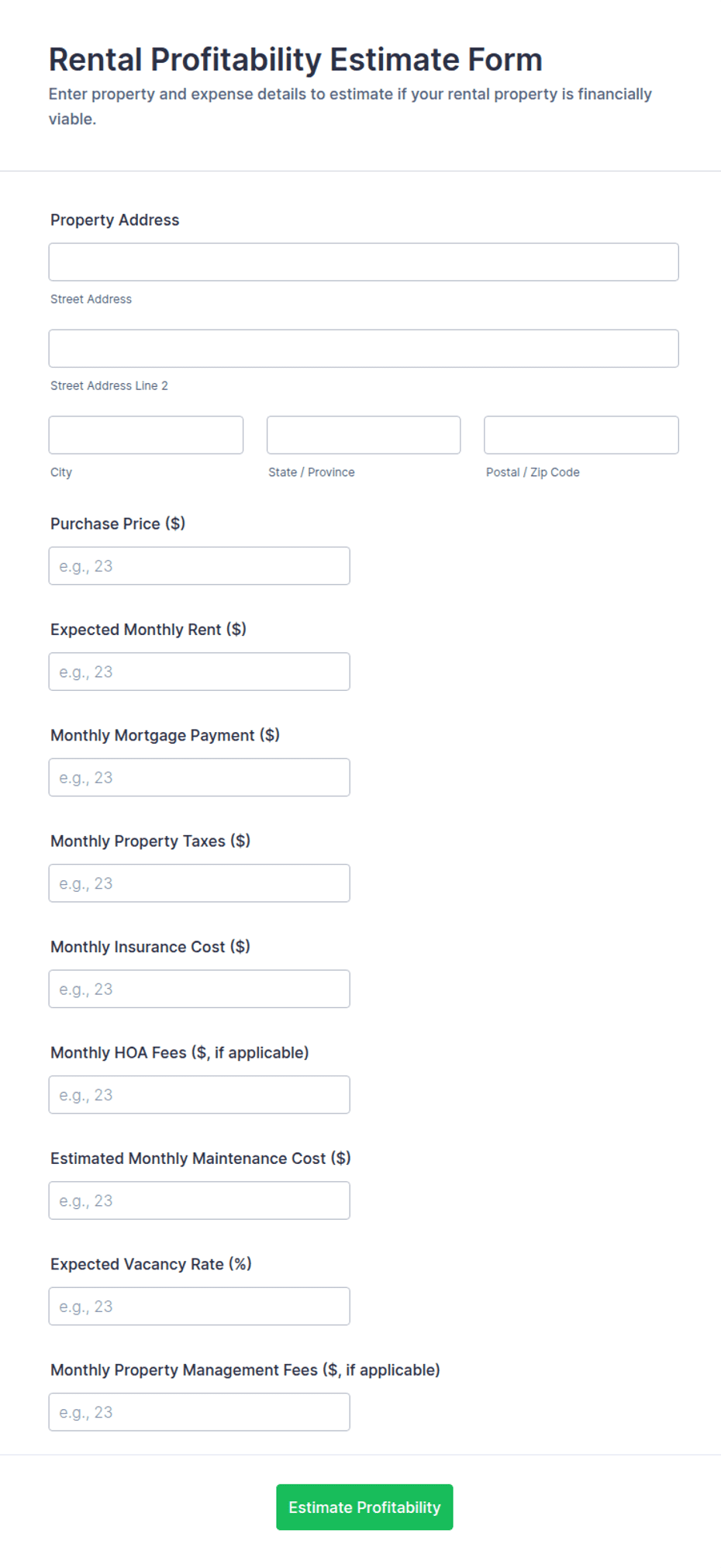 Rental Profitability Estimate Form Template | Jotform