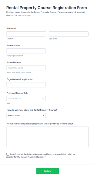 Rental Property Course Registration Form Template