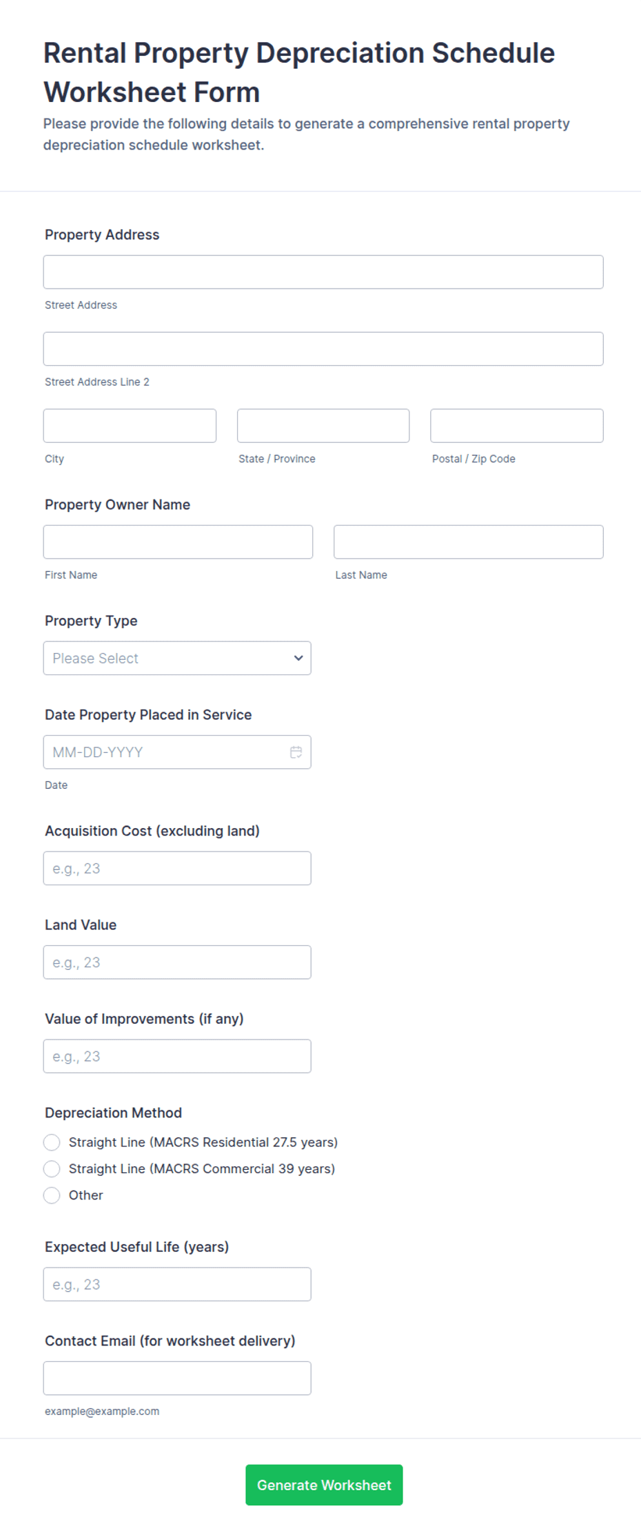 Rental Property Depreciation Schedule Worksheet Form Template | Jotform