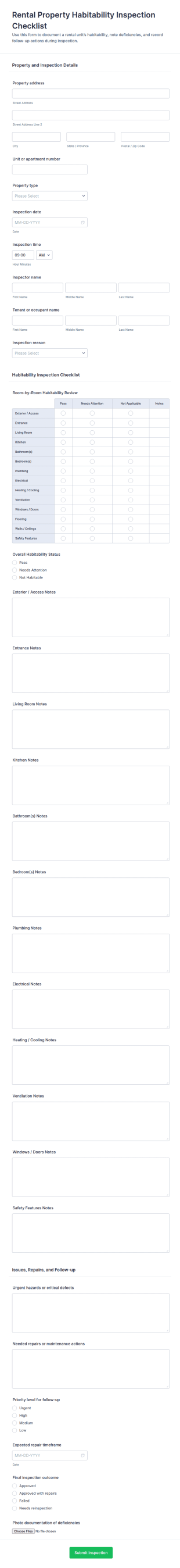 Rental Property Habitability Inspection Checklist Form Template