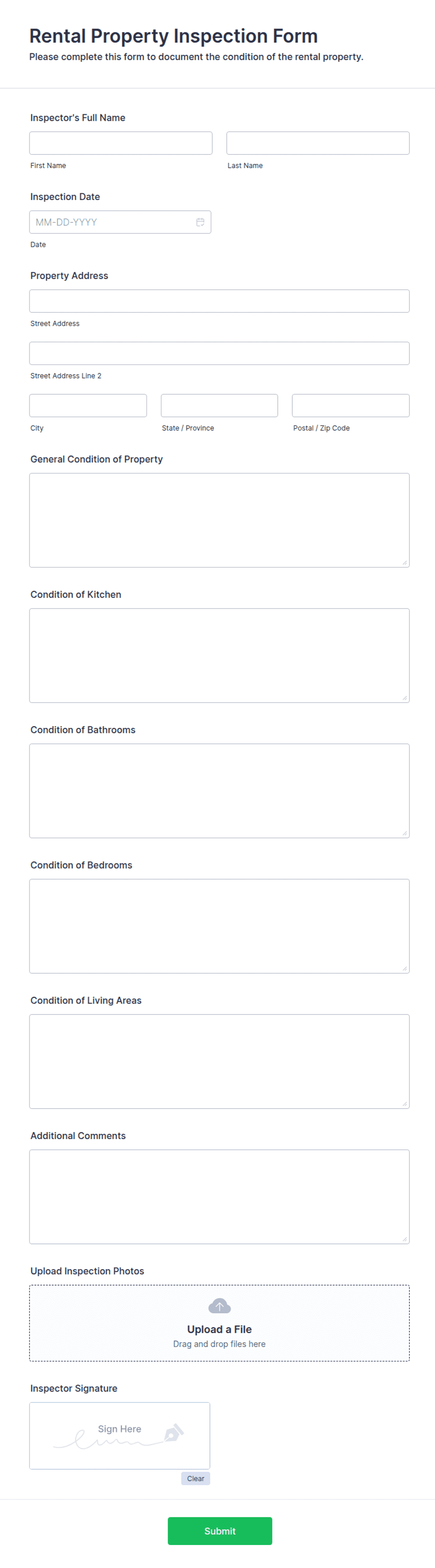 Detailed Rental Inspection Form Rental Property Inspection Form Template | Jotform