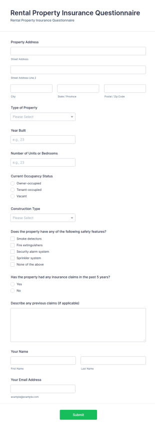Rental Property Insurance Questionnaire Form Template
