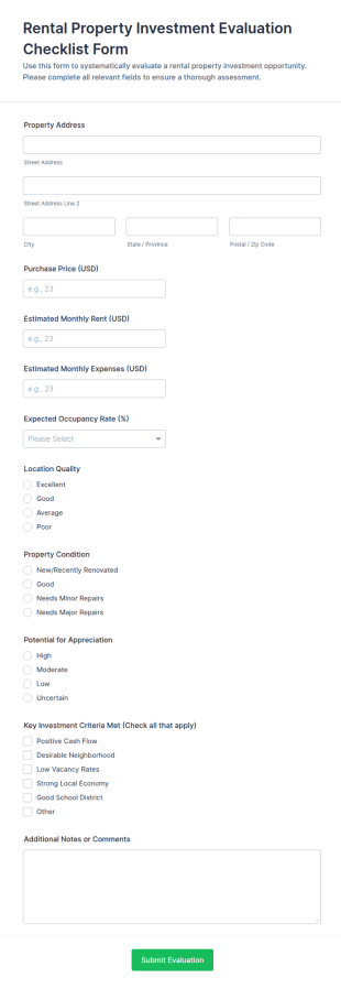 Rental Property Investment Evaluation Checklist Form Template
