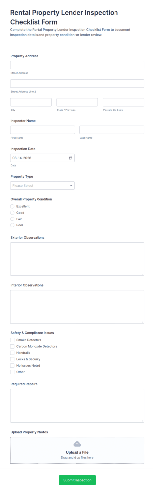Rental Property Lender Inspection Checklist Form Template