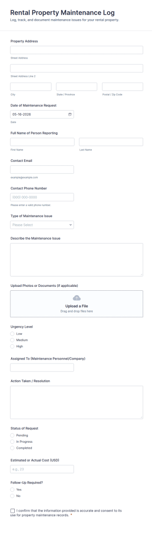 Rental Property Maintenance Log Form Template