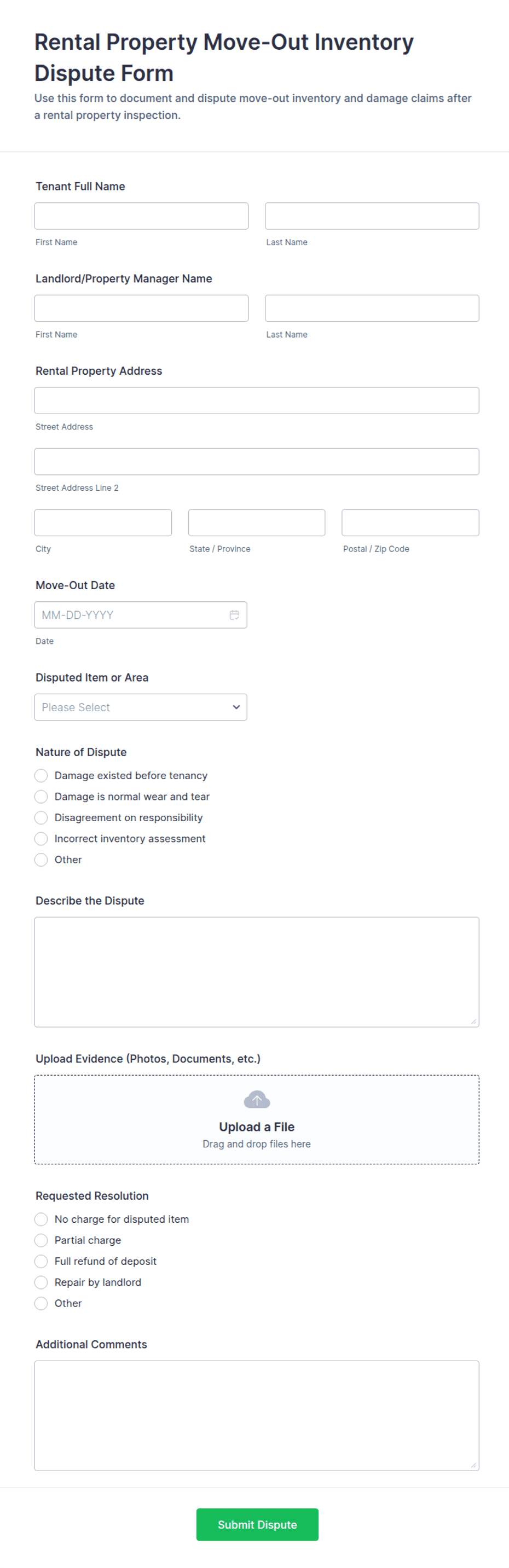 Rental Property Move-Out Inventory Dispute Form Template | Jotform