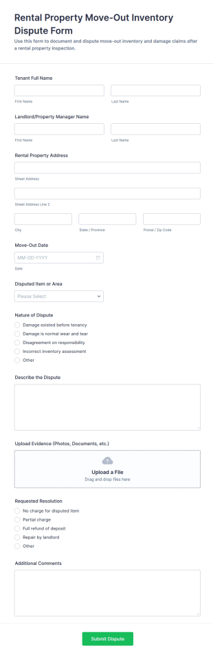 Rental Property Move Out Inventory Dispute Form Template
