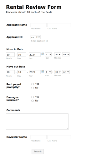 Rental Review Form Template