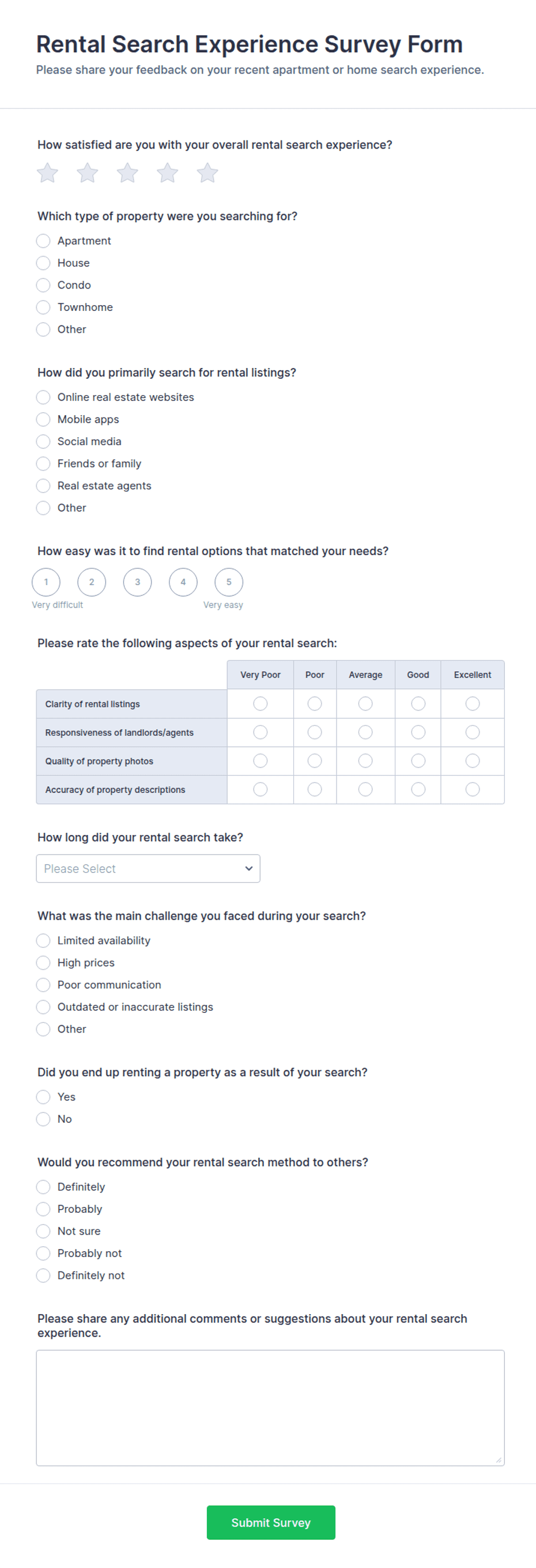 Rental Search Experience Survey Form Template | Jotform