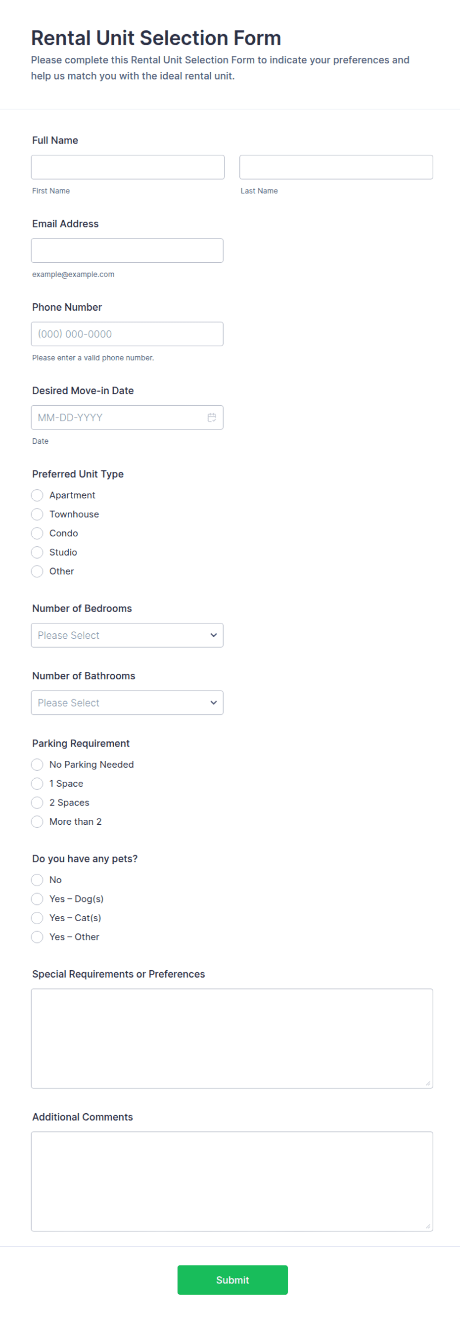 Rental Unit Selection Form Template | Jotform