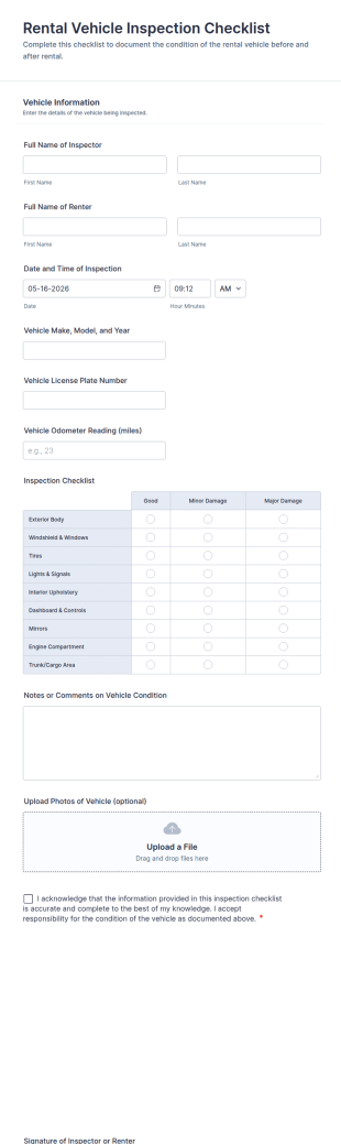 Rental Vehicle Inspection Checklist Form Template