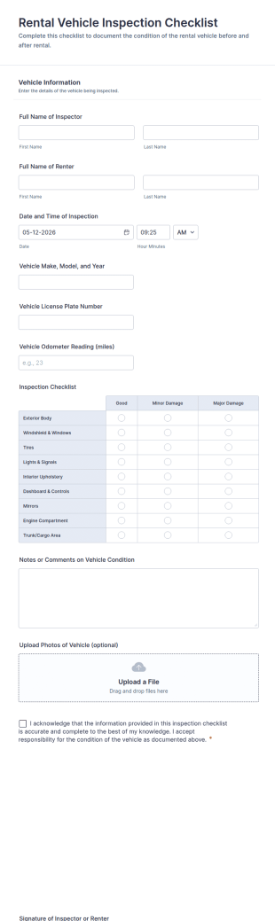 Rental Vehicle Inspection Checklist Form Template