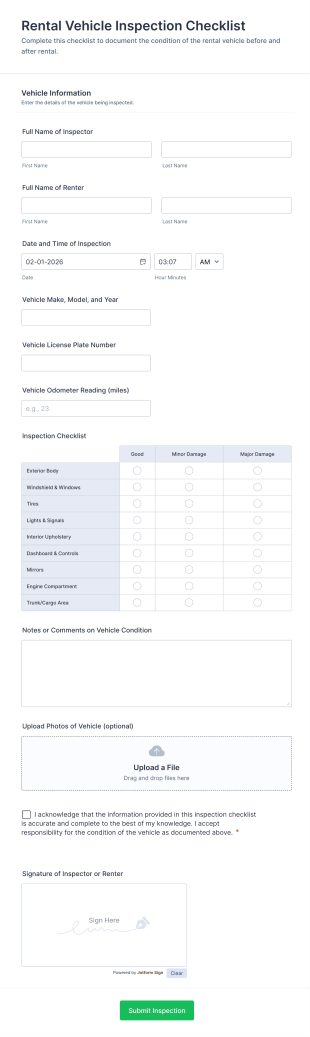 Rental Vehicle Inspection Checklist Form Template