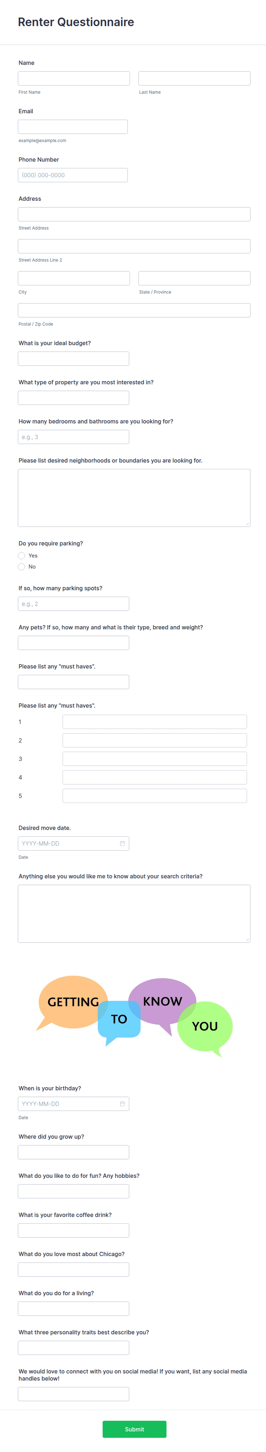 Basic Rental Questionnaire Form Renter Questionnaire Form Template | Jotform
