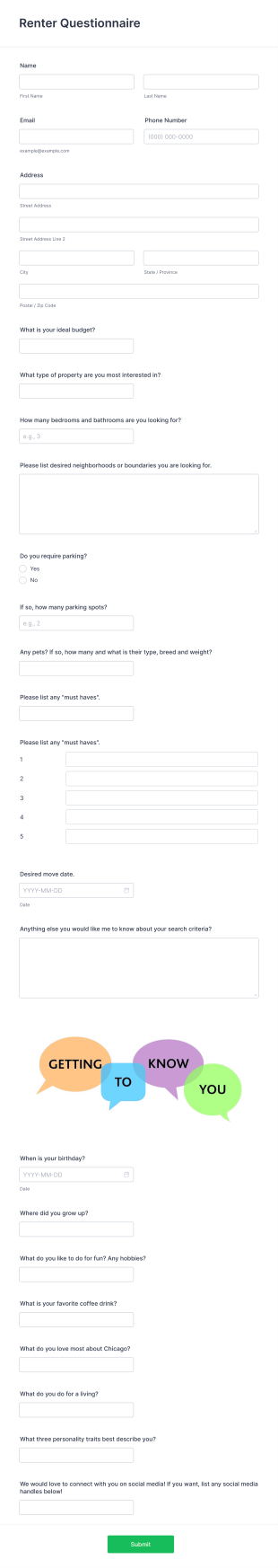 Renter Questionnaire Form Template