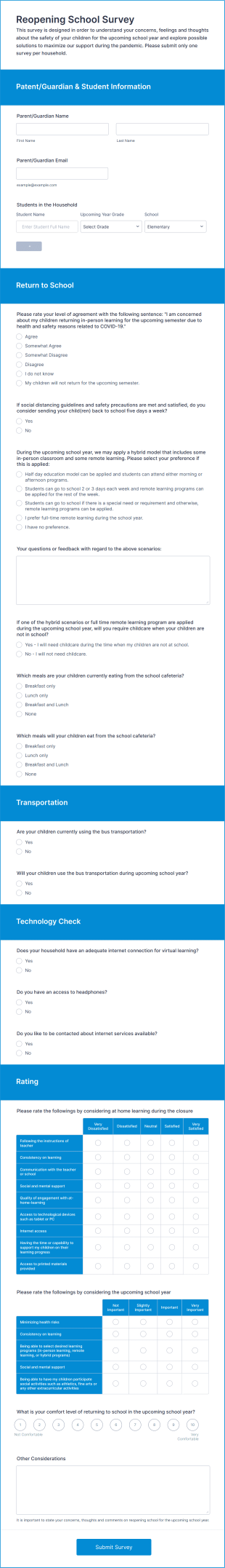 survey questions about homework Reopening School Survey Form Template