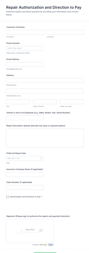 Repair Authorization And Direction To Pay Form Template