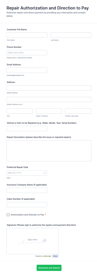 Repair Authorization And Direction To Pay Form Template