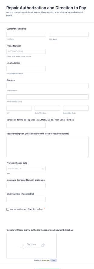 Repair Authorization And Direction To Pay Form Template