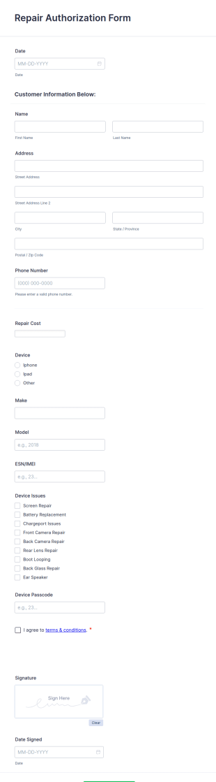 Repair Authorization Form Template