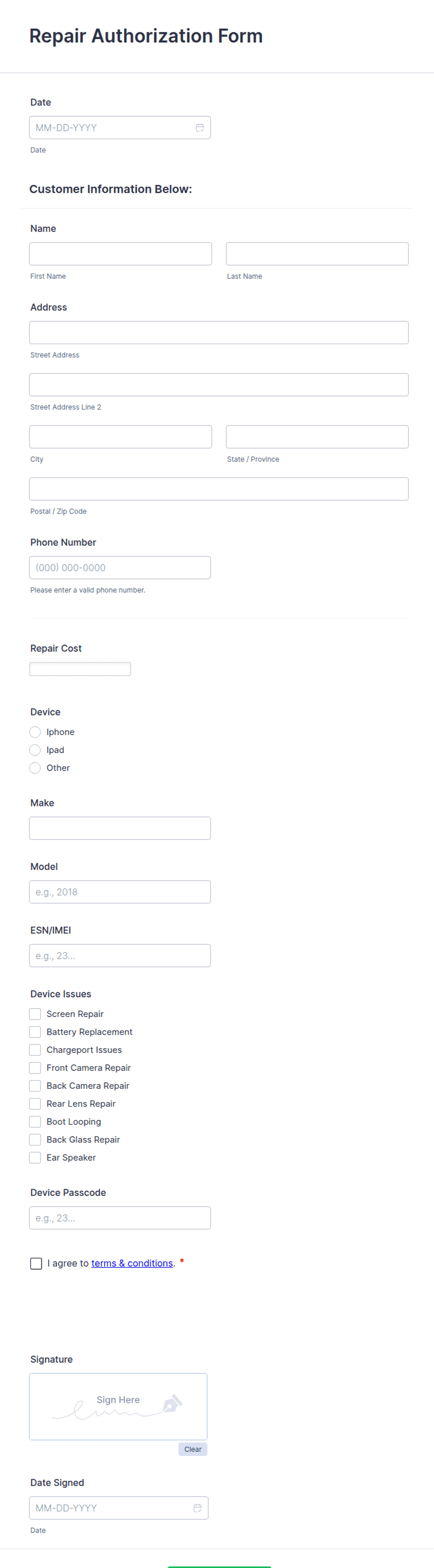 Asurion Repair Form.pdf Repair Authorization Form Template | Jotform