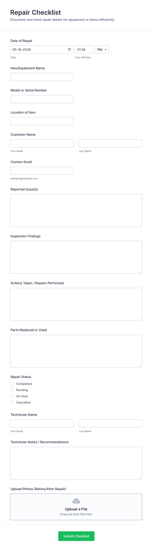 Repair Checklist Form Template