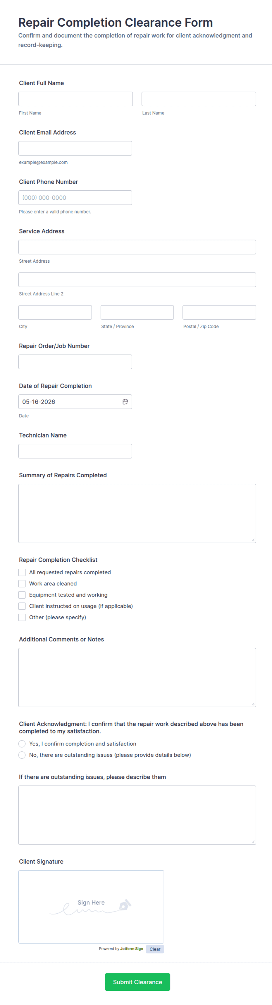 Repair Completion Clearance Form Template | Jotform