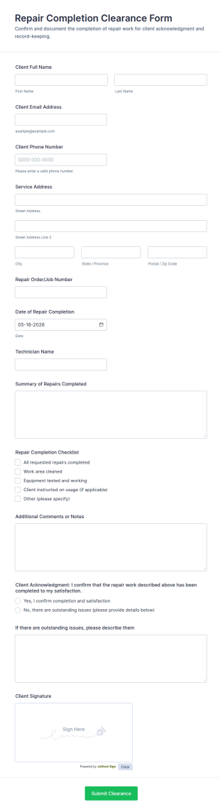 Repair Completion Clearance Form Template