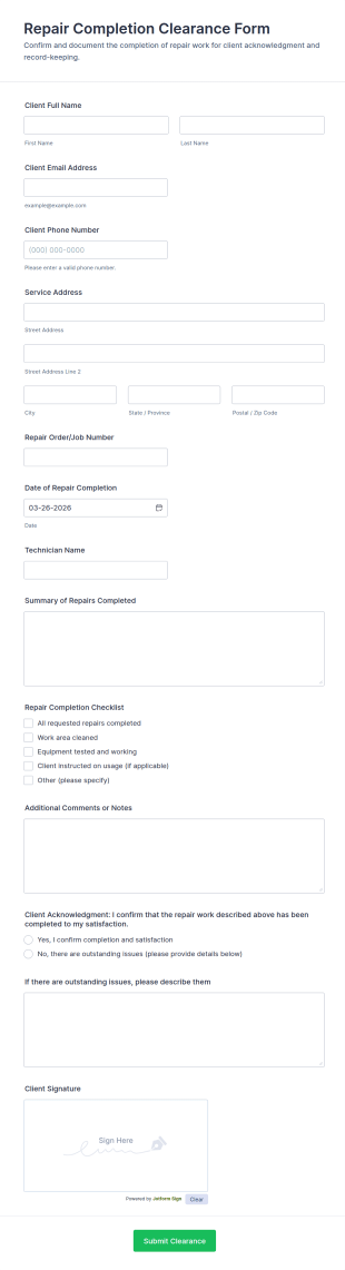 Repair Completion Clearance Form Template