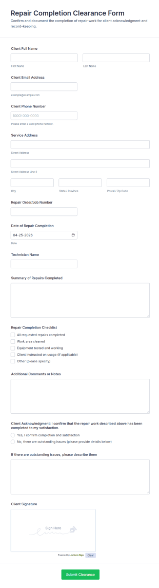 Repair Completion Clearance Form Template