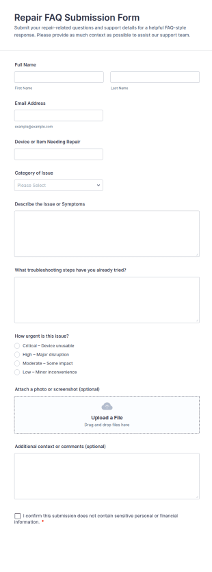 Repair FAQ Submission Form Template