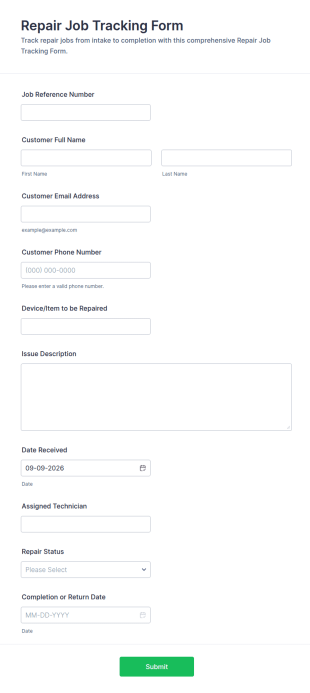 Repair Job Tracking Form Template